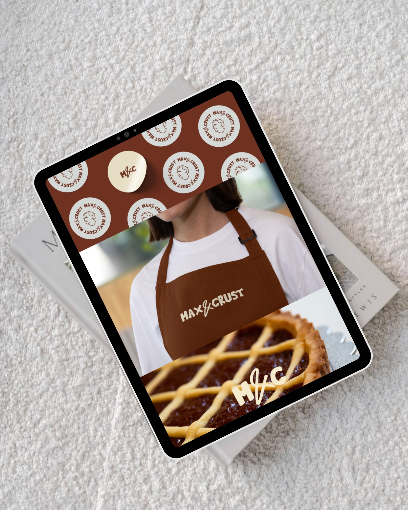 Max and Crust identity system presented on a digital tablet